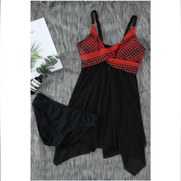 Women's Black Retro Polka Dot Print Handkerchief Hem Tankini Top Only - Picture 3 of 3